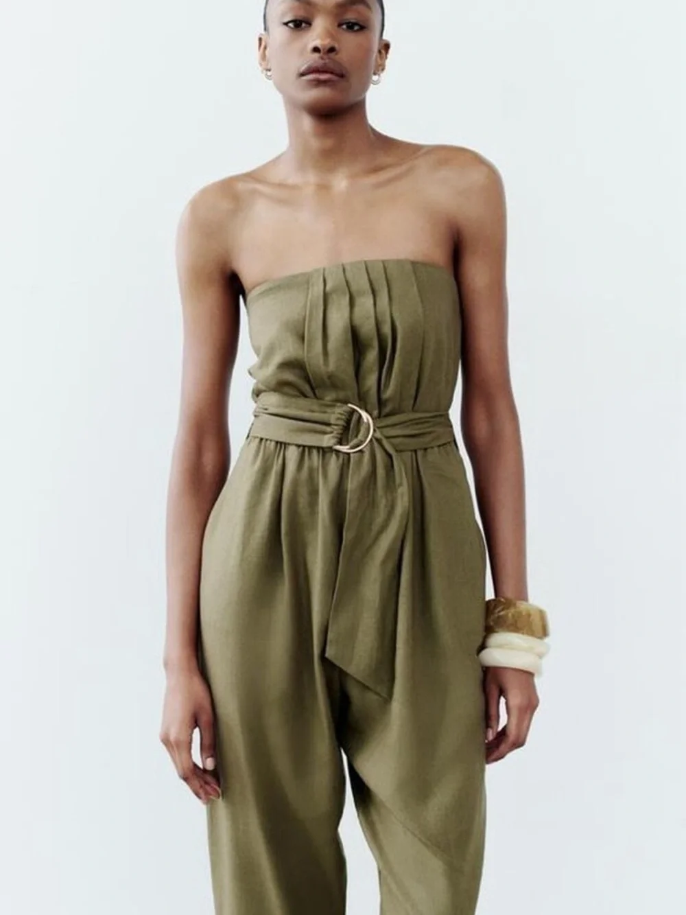 Zara Olive Green Strapless Belted Jumpsuit NWT Size Medium